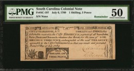 Colonial Notes

SC-197. South Carolina. July 6, 1789. 1 Shilling, 3 Pence. PMG About Uncirculated 50. Remainder.

No serial number. Two signatures...
