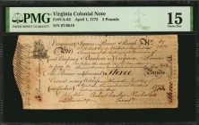 Colonial Notes

VA-63. Virginia. April 1, 1773. 3 Pound. PMG Choice Fine 15.

No.67/6619. Left end, ornate indent and small ship vignette. Back, o...