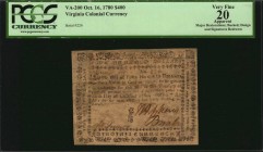 Colonial Notes

VA-200. Virginia. October 16, 1780. $400. PCGS Currency Very Fine 20 Apparent. Major Restorations; Backed; Design and Signatures Red...