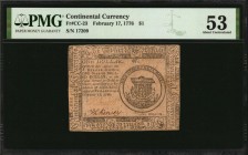 Continental Currency

CC-23. Continental Currency. February 17, 1776. $1. PMG About Uncirculated 53.

No. 17209. Signed by Smith and Kinsey. The e...