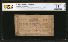 Louisiana

Homer, Louisiana. The Parish of Claiborne. 1862 $1. PCGS Banknote Choice Fine 15 Details. Mounting Remnants.

Plate A. April 21, 1862. ...