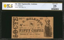 Louisiana

Napoleonville, Louisiana. E.O. Melancon. February 4, 1862. 50 Cents. PCGS Banknote Very Fine 25.

E(tienne) O. Melacon was the postmast...