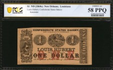 Louisiana

New Orleans, Louisiana. Louis Hubert, Confederate States Bakery. ND (1860s) $1. PCGS Banknote Choice About Uncirculated 58 PPQ. Remainder...