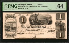 Michigan

Adrian, Michigan. Erie & Kalamazoo Rail Road Bank. 1838-39. $1. PMG Choice Uncirculated 64. Proof.

(MI-10 G2) S. Stiles, Sherman & Smit...