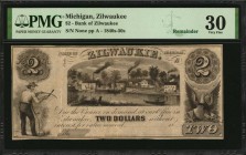 Michigan

Zilwaukee, Michigan. Bank of Zilwaukee. 1840s-50s. $2. PMG Very Fine 30. Remainder.

(Lee ZIL 1-4) Rawdon, Wright, Hatch & Edson. New Yo...
