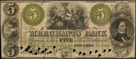 New York

New York, New York. The Merchants Bank. 1859. $5. Very Fine.

Printed by Rawdon, Wright, Hatch, Edison, New York. Center, man seated wit...