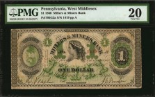 Pennsylvania

West Middlesex, Pennsylvania. Millers & Miners Bank. 1866. $1. PMG Very Fine 20.

(PA-705 G2a), Plate A. Imprint of the American Ban...
