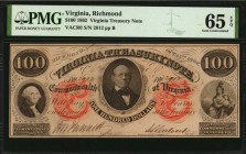 Virginia

Richmond, Virginia. Virginia Treasury Note. 1862. $100. PMG Gem Uncirculated 65 EPQ.

Cr. 6. Imprint of Keatinge & Ball Columbia, S.C. C...