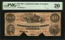 Confederate Currency

T-23. Confederate Currency. 1861 $10. PMG Very Fine 20.

No. 3662, Plate A. Cut Out Cancelled. PMG comments "Previously Moun...