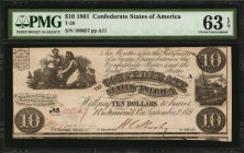 Confederate Currency

T-28. Confederate Currency. 1861 $10. PMG Choice Uncirculated 63 EPQ.

No. 109657. Plate A11. PF-10. Cr. 236B. Printed by J....