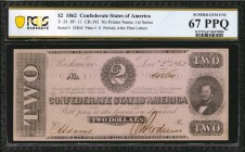 Confederate Currency

T-54. Confederate Currency. 1862 $2. PCGS Banknote Superb Gem Uncirculated 67 PPQ.

No. 42864, Plate E. A darkly inked and f...