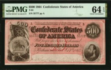 Confederate Currency

T-64. Confederate Currency. 1864 $500. PMG Choice Uncirculated 64 EPQ.

No. 35777, Plate A. Portrait of Stonewall Jackson at...