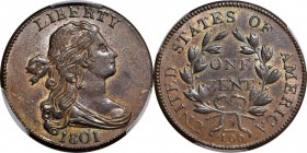 Draped Bust Cent

Choice Near-Mint 1801 Cent

Sharp Early Die State Sheldon-222

1801 Draped Bust Cent. S-222. Rarity-1. AU-58 BN (PCGS). CAC.
...
