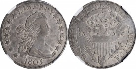 Draped Bust Half Dollar

1805/4 Draped Bust Half Dollar. O-101, T-4. Rarity-3. VF-30 (NGC).

Warmly toned in a blend of steel-olive and pewter gra...