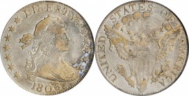 Draped Bust Half Dollar

1806 Draped Bust Half Dollar. O-107a, T-3. Rarity-4+. Knobbed 6, Small Stars. EF-40 (PCGS).

Blended pearl-gray and pale ...