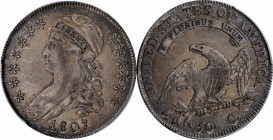 Capped Bust Half Dollar

1807 Capped Bust Half Dollar. O-113. Rarity-2. Small Stars. VF-30 (PCGS). CAC.

Blended sandy-gray and olive-charcoal pat...