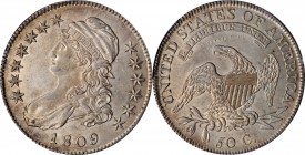 Capped Bust Half Dollar

1809 Capped Bust Half Dollar. O-102. Rarity-1. XXXX Edge. AU-58 (PCGS).

Light cream-silver with soft golden toning at th...