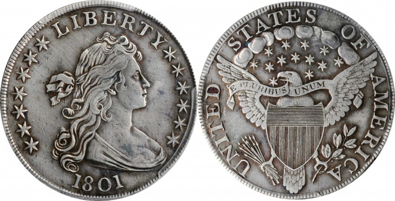 Draped Bust Silver Dollar

1801 Draped Bust Silver Dollar. BB-212, B-2. Rarity...