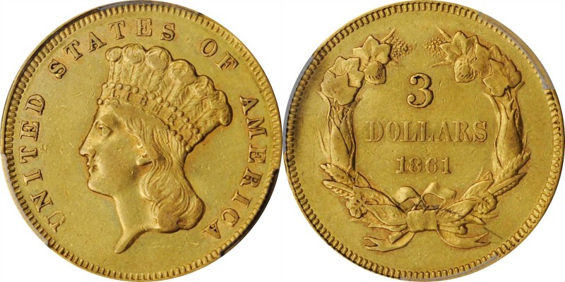 Three-Dollar Gold Piece

1861 Three-Dollar Gold Piece. AU-50 (PCGS).

Somewh...