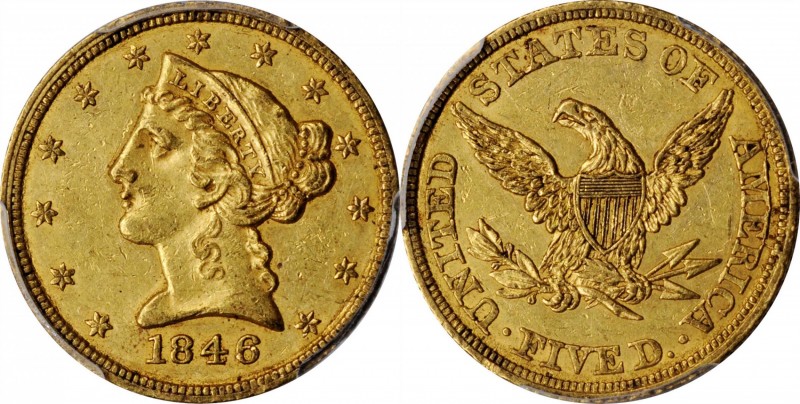 Liberty Head Half Eagle

1846 Liberty Head Half Eagle. Small Date. AU-58 (PCGS...