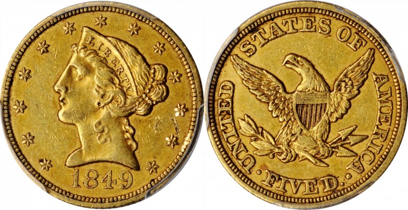 Liberty Head Half Eagle

1849 Liberty Head Half Eagle. Hole in Earlobe. AU-53 ...