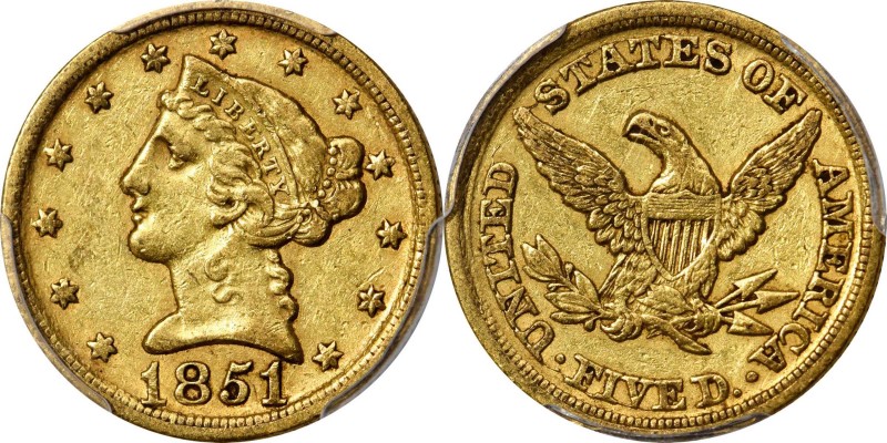 Liberty Head Half Eagle

1851-D Liberty Head Half Eagle. Winter 26-O. Repunche...