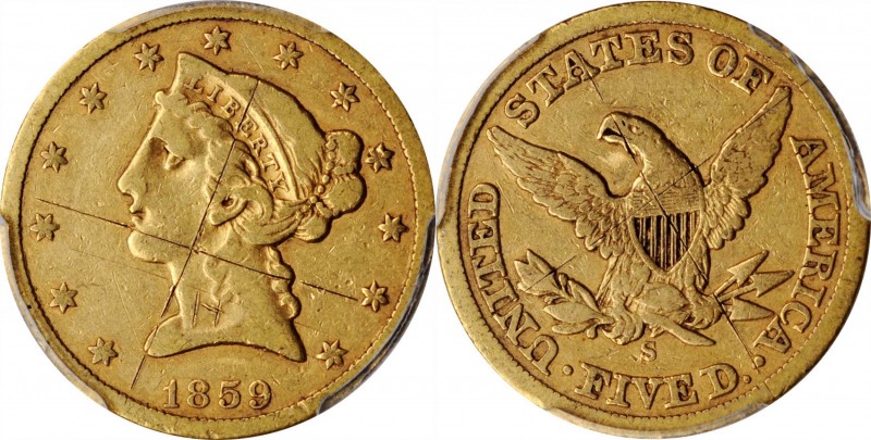 Liberty Head Half Eagle

1859-S Liberty Head Half Eagle. VF Details--Graffiti ...