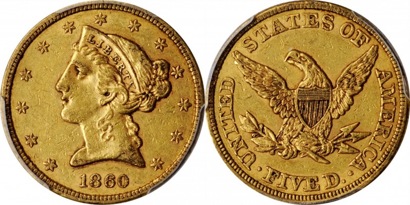 Liberty Head Half Eagle

1860 Liberty Head Half Eagle. AU-55 (PCGS). CAC.

T...