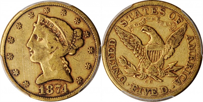 Liberty Head Half Eagle

1874-CC Liberty Head Half Eagle. Winter 2-B. VF-20 (P...