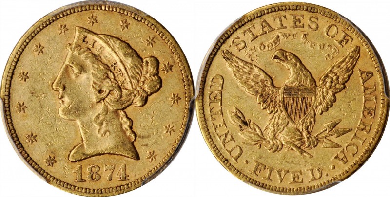 Liberty Head Half Eagle

1874-S Liberty Head Half Eagle. Weak S. AU-53 (PCGS)....