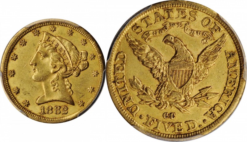 Liberty Head Half Eagle

1882-CC Liberty Head Half Eagle. Winter 1-A, the only...