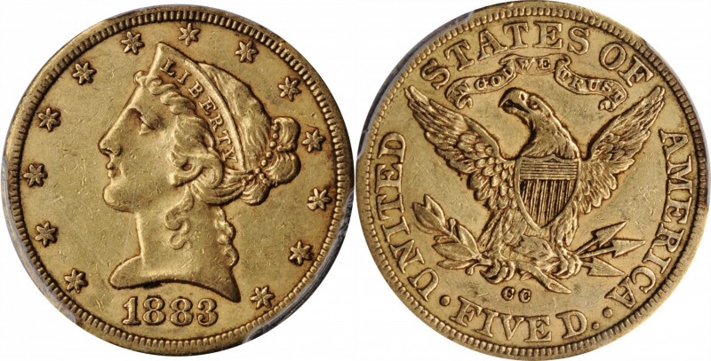 Liberty Head Half Eagle

1883-CC Liberty Head Half Eagle. Winter 1-A, the only...