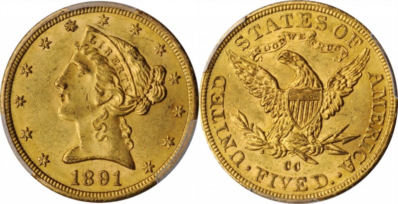 Liberty Head Half Eagle

1891-CC Liberty Head Half Eagle. Winter 1-A. MS-63 (P...