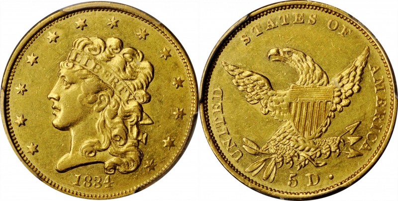 Classic Head Half Eagle

1834 Classic Head Half Eagle. HM-2. Rarity-4. Plain 4...