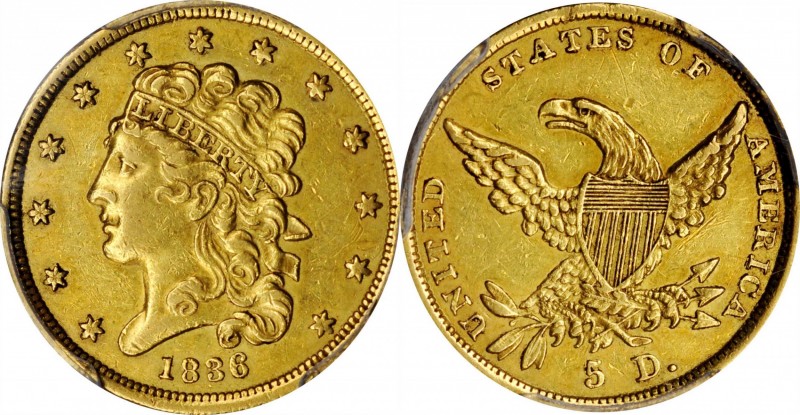 Classic Head Half Eagle

1836 Classic Head Half Eagle. HM-8. Rarity-4. AU-50 (...