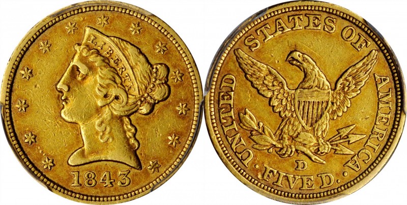 Liberty Head Half Eagle

1843-D Liberty Head Half Eagle. Winter 10-H. Medium D...