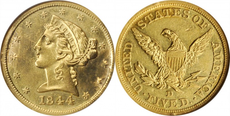 Liberty Head Half Eagle

1844-D Liberty Head Half Eagle. Winter 11-H, the only...