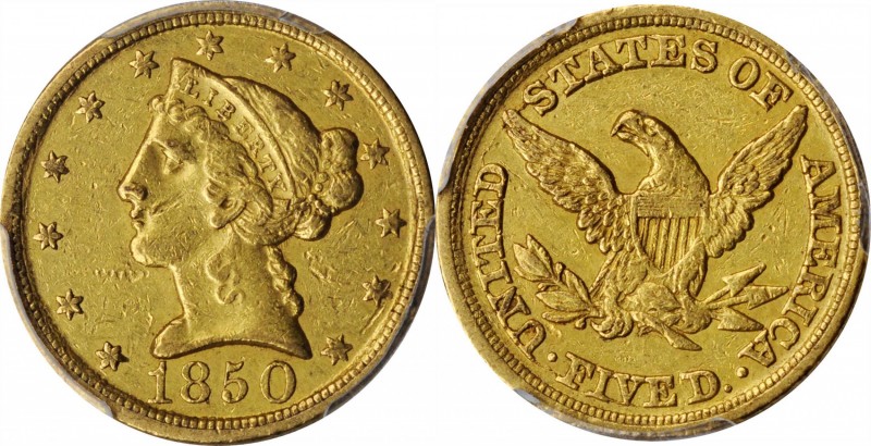 Liberty Head Half Eagle

1850-D Liberty Head Half Eagle. Winter 23-O. Weak D. ...