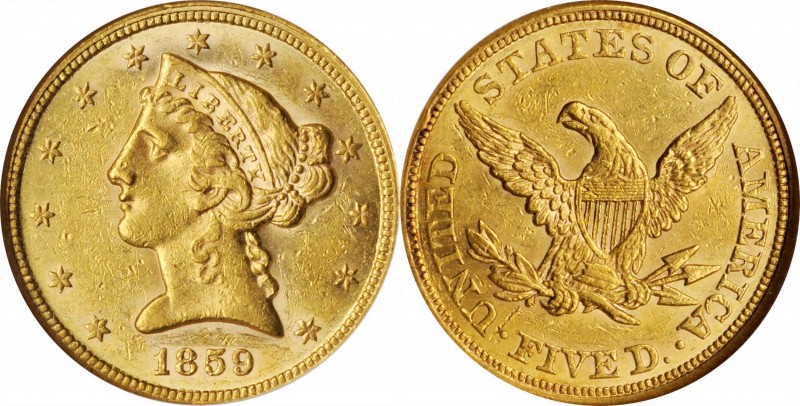 Liberty Head Half Eagle

1859 Liberty Head Half Eagle. AU-58 (NGC). OH.

A s...