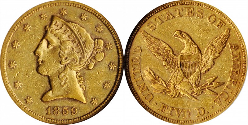 Liberty Head Half Eagle

1859 Liberty Head Half Eagle. AU-53 (NGC).

Lustrou...