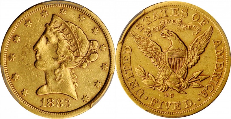 Liberty Head Half Eagle

1883-CC Liberty Head Half Eagle. Winter 1-A, the only...