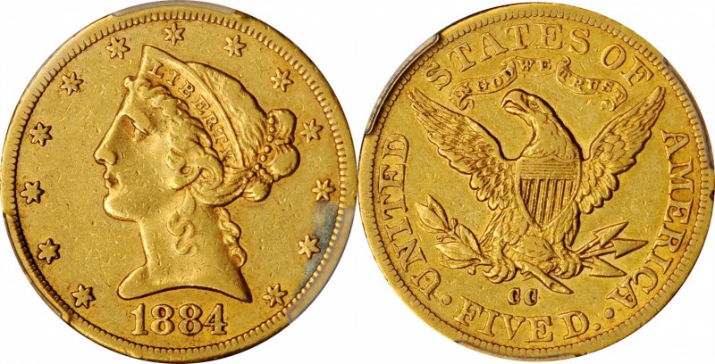 Liberty Head Half Eagle

1884-CC Liberty Head Half Eagle. Winter 1-A, the only...