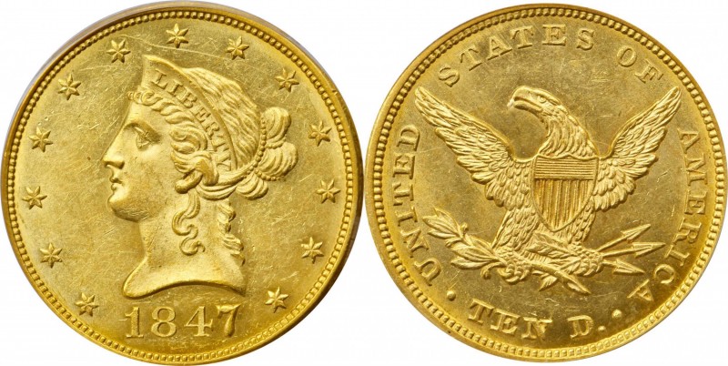 Liberty Head Eagle

1847 Liberty Head Eagle. MS-62 (PCGS).

A truly exceptio...