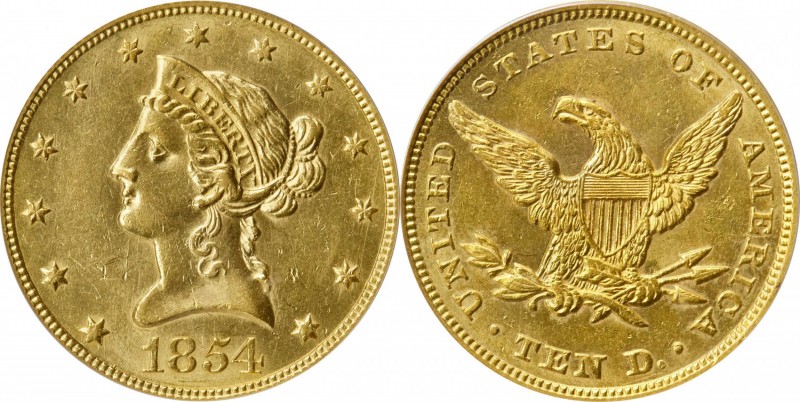 Liberty Head Eagle

1854 Liberty Head Eagle. AU-58 (PCGS).

Vivid honey-oran...