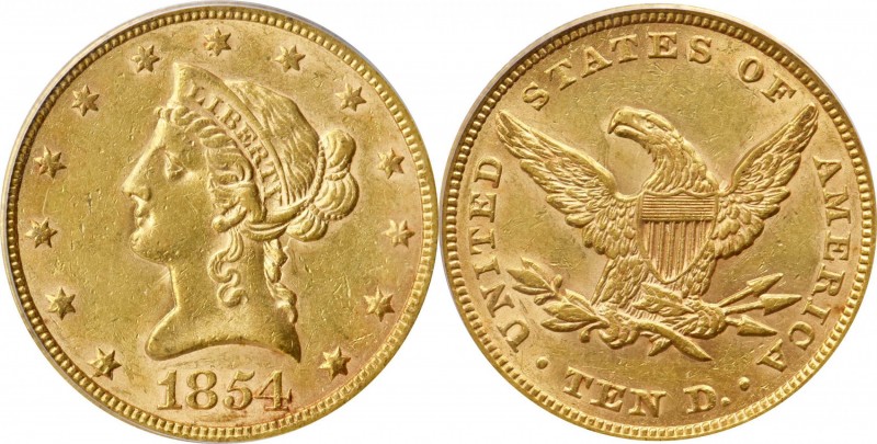 Liberty Head Eagle

1854 Liberty Head Eagle. AU-55 (PCGS).

This pretty rose...