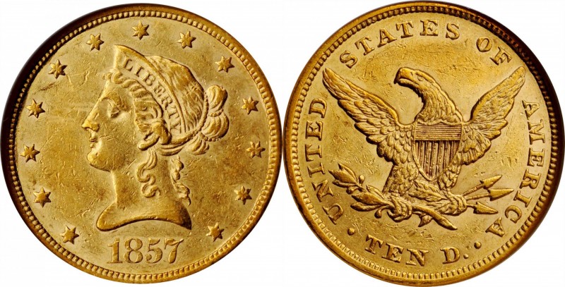 Liberty Head Eagle

1857 Liberty Head Eagle. AU-55 (NGC).

This attractive g...