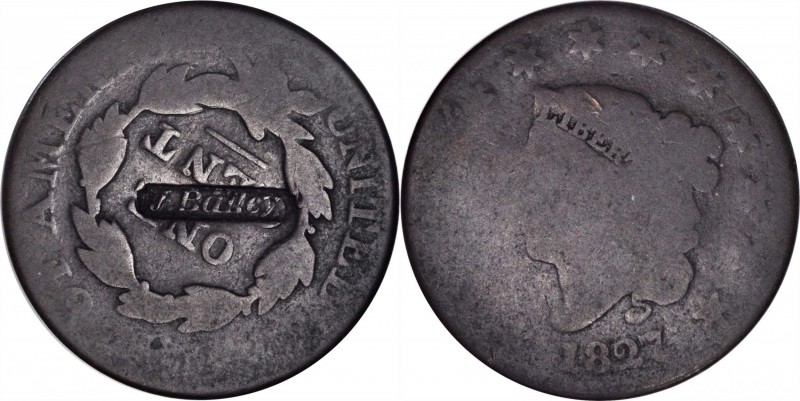 Counterstamps

J. BAILEY in a box punch on an 1827 Matron Head large cent. Bru...