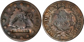 Counterstamps

C. BAKER in a box punch on an 1821 Matron Head large cent. Brunk-Unlisted, Rulau-Unlisted. Host coin Very Fine.

Currently unattrib...