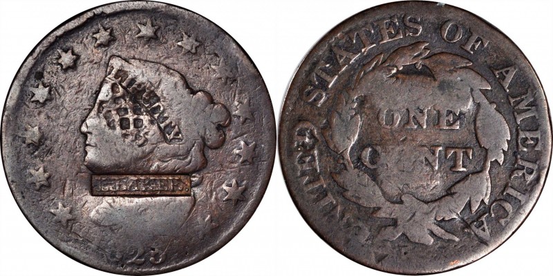 Counterstamps

L. BAKER. in a box punch on an 1825 Matron Head large cent. Bru...