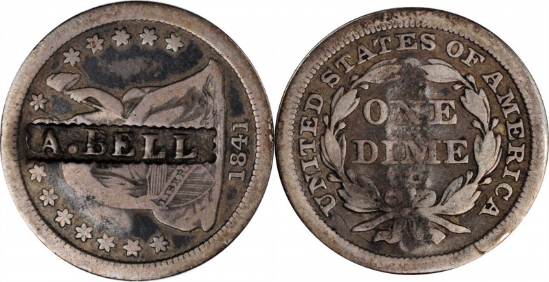 Counterstamps

A. BELL in a serrated box punch on an 1841 Seated dime. Brunk B...